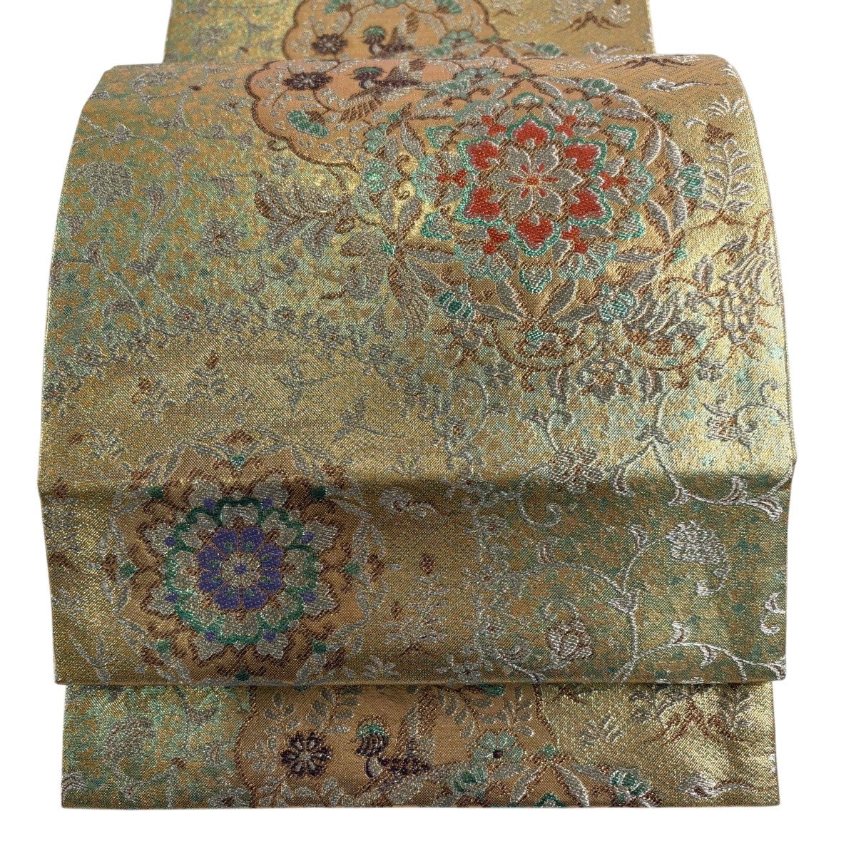 美品】 袋帯 秀品 華文 花鳥 金銀糸 箔 緑 六通 正絹｜中古・古着
