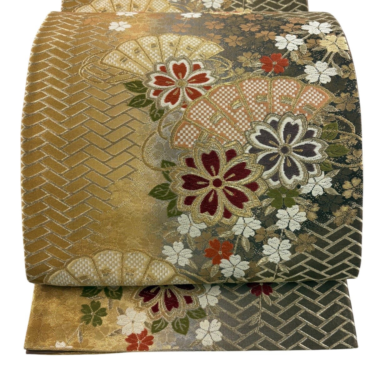 袋帯 秀品 桧扇 桜 金糸 箔 焦茶色 六通 正絹|中古・古着・リサイクル 袋帯 秀品 桧扇 桜 金糸 箔 焦茶色 六通 正絹|中古・古着・リサイクル