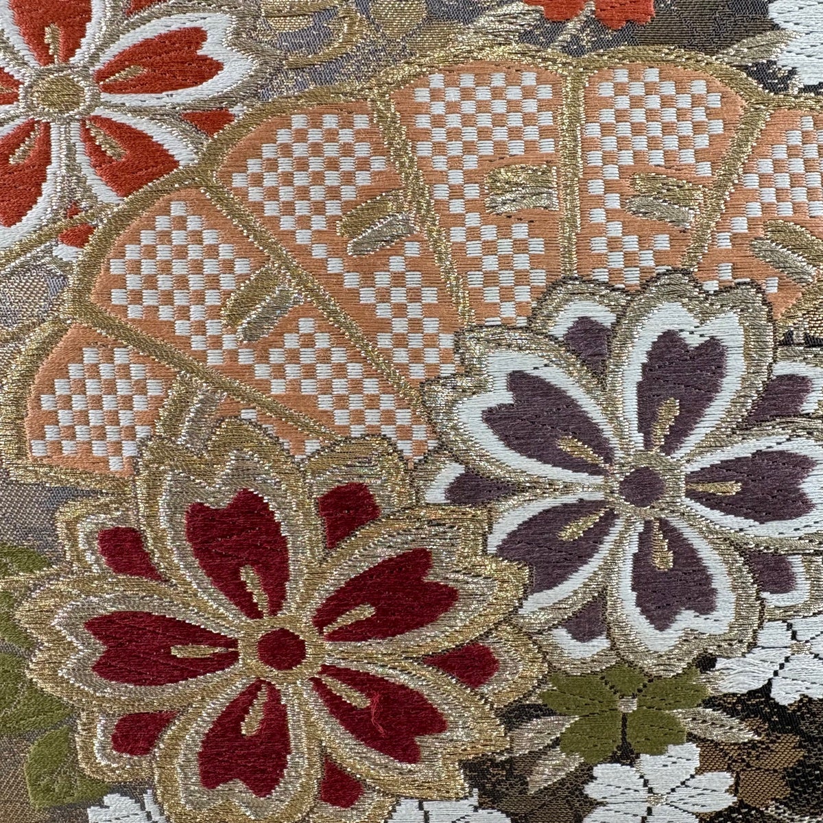 袋帯 秀品 桧扇 桜 金糸 箔 焦茶色 六通 正絹｜中古・古着・リサイクル