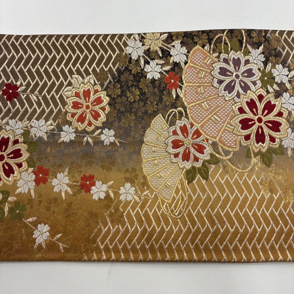 袋帯 秀品 桧扇 桜 金糸 箔 焦茶色 六通 正絹｜中古・古着・リサイクル
