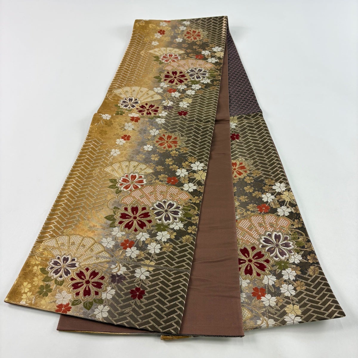 袋帯 秀品 桧扇 桜 金糸 箔 焦茶色 六通 正絹｜中古・古着・リサイクル