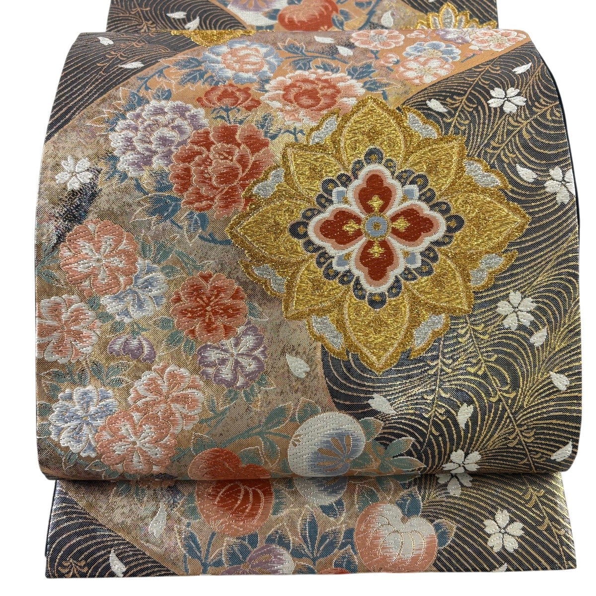 袋帯 秀品 花丸文 幾何学 銀通し 箔 青灰色 六通 正絹｜中古・古着