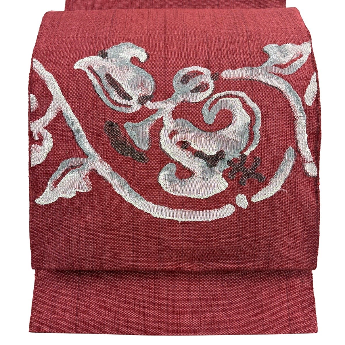 美品】 名古屋帯 優品 八寸名古屋帯 松葉仕立て 花唐草 茜色 正絹