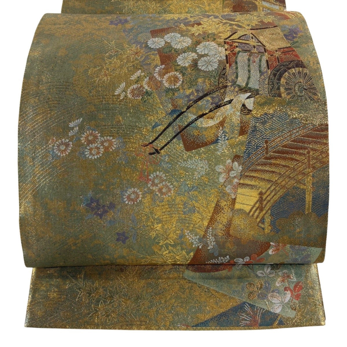 美品】 袋帯 名品 人物 御所車 箔 金色 全通 正絹｜中古・古着