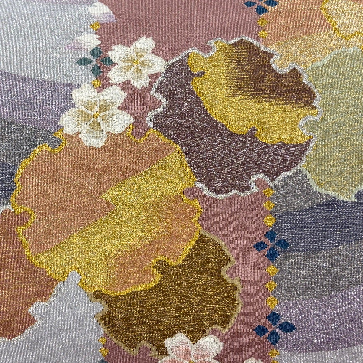 名古屋帯 秀品 八寸名古屋帯 松葉仕立て 雪輪 桜 金銀糸 薄小豆 正絹