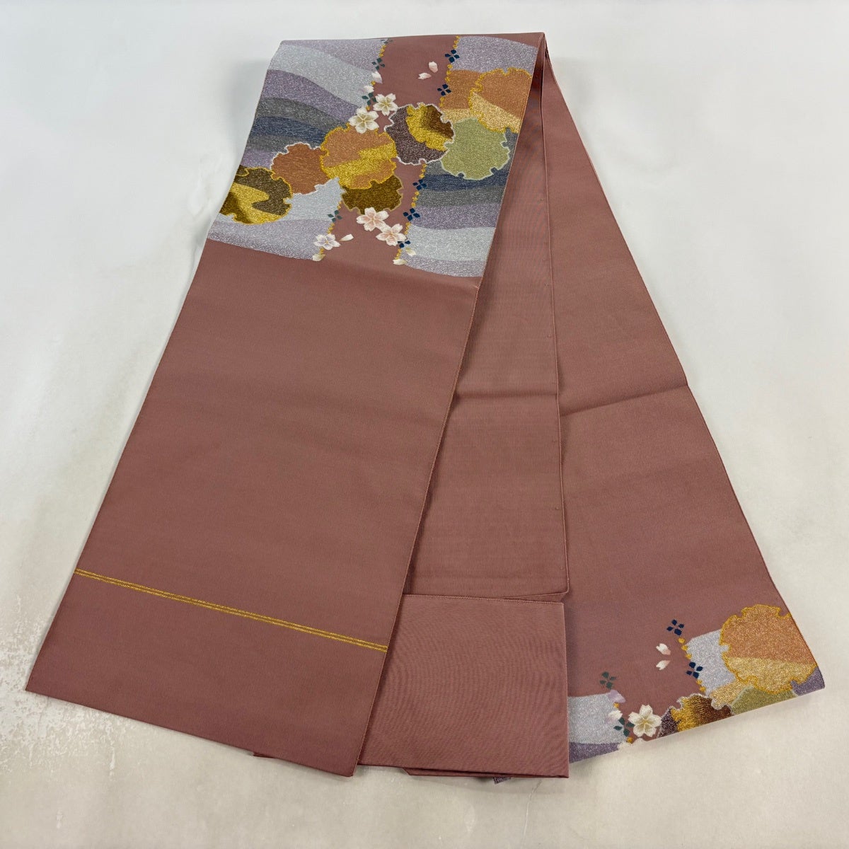 名古屋帯 秀品 八寸名古屋帯 松葉仕立て 雪輪 桜 金銀糸 薄小豆 正絹