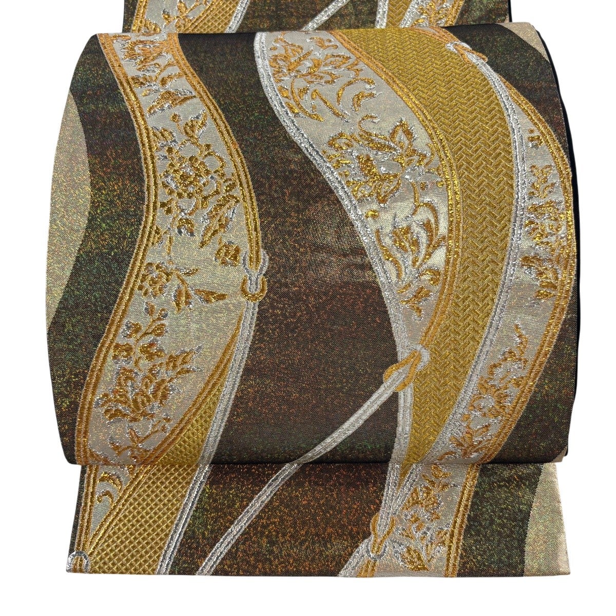 A 189未着用袋帯 大太鼓 金彩糸　【草　】正絹 美品 着物 美品】 袋帯 名品 近代花鳥画 箔 金糸 金色 お太鼓柄 正絹｜中古・古着