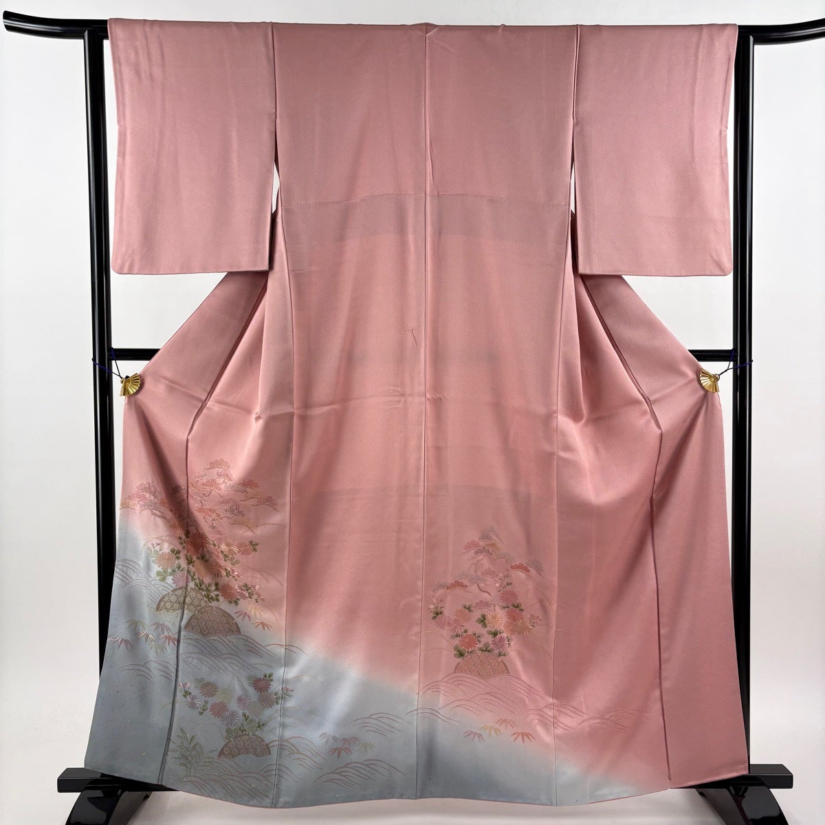 訪問着 身丈164cm 裄丈66cm M 袷 桜 草花 ぼかし 灰色 正絹 名品｜中古