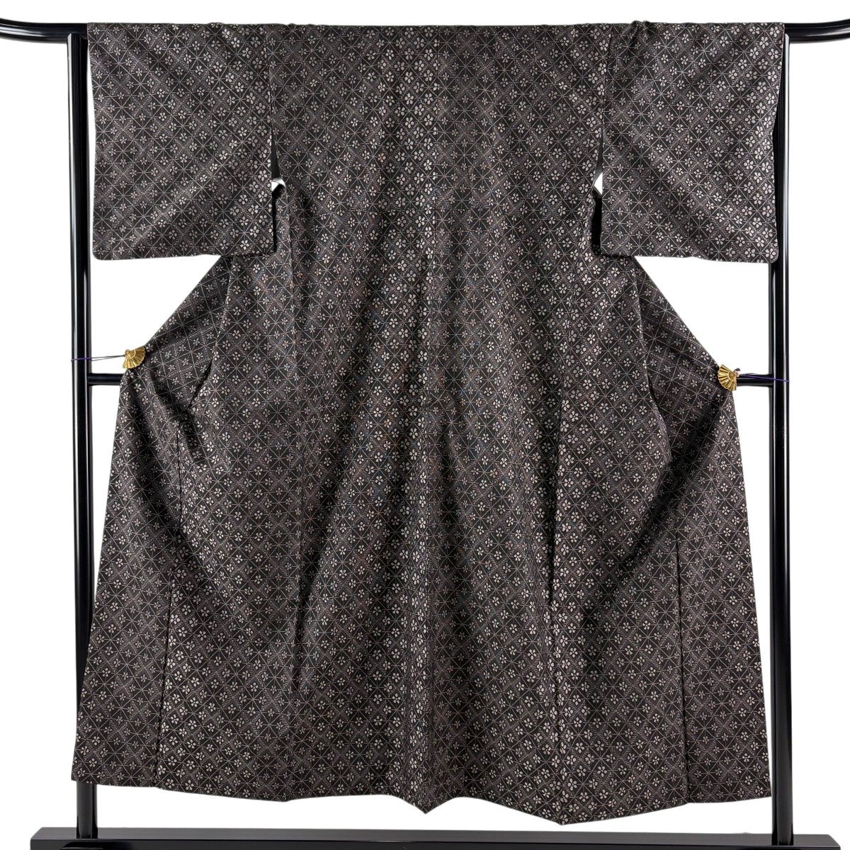 紬 身丈156.5cm 裄丈64cm M 袷 横縞 幾何学 緑 正絹 秀品｜中古・古着