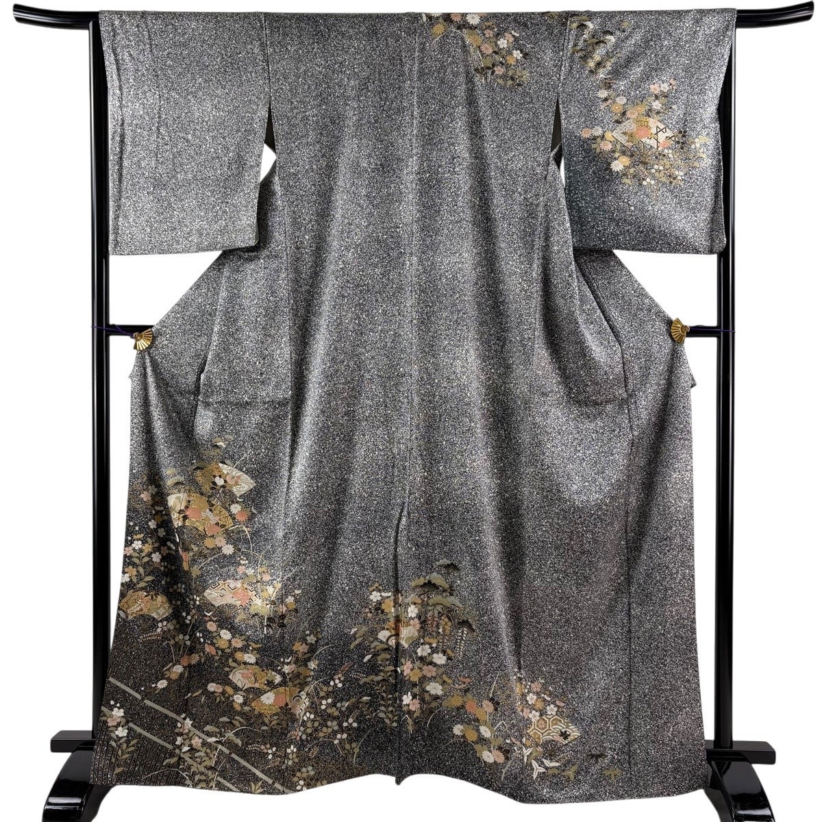 美品】 訪問着 身丈167cm 裄丈65cm M 袷 松 梅 金彩 ぼかし 黒灰 正絹