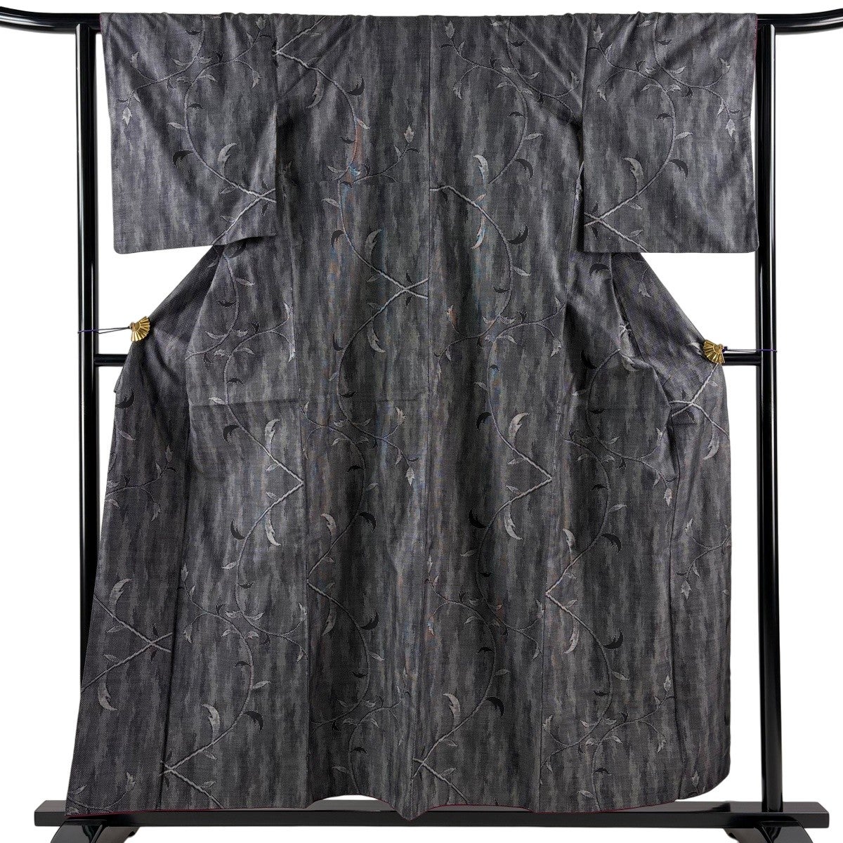 紬 身丈160.5cm 裄丈65.5cm M 袷 椿 黒灰 正絹 秀品｜中古・古着
