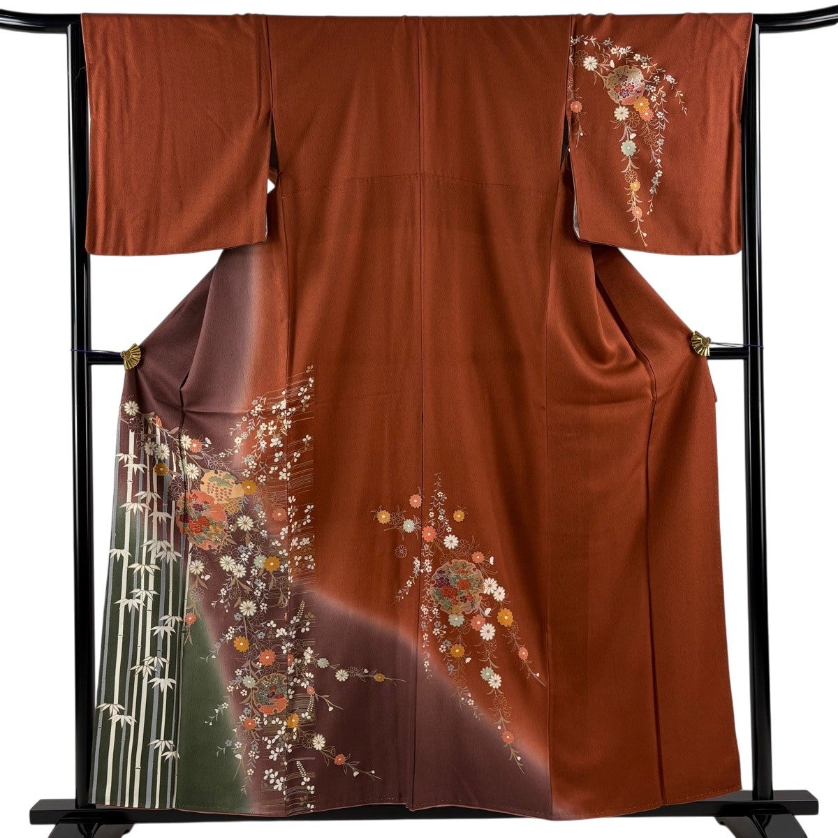 付下げ 身丈158.5cm 裄丈63cm S 袷 雪輪 草花 銀糸 刺繍 茶色 正絹 秀