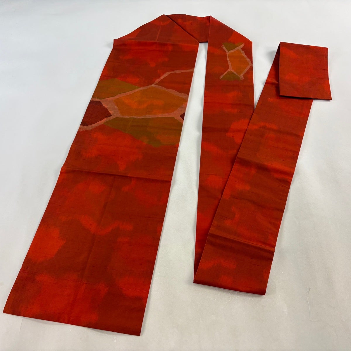 美品】 名古屋帯 優品 紬地 幾何学模様 茜色 正絹｜中古・古着