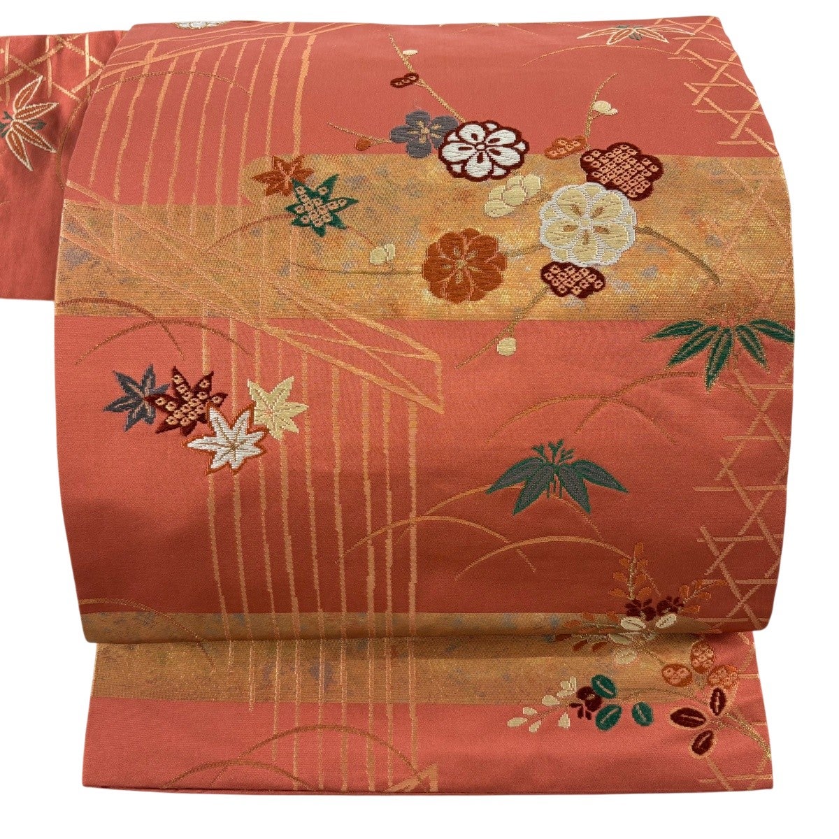 名古屋帯 優品 松皮菱 花鳥 刺繍 銀糸 金色 正絹｜中古・古着