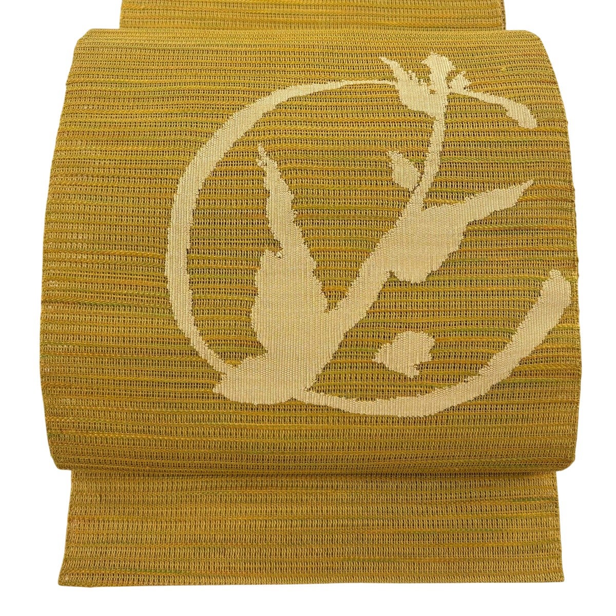 名古屋帯 優品 夏帯 八寸名古屋帯 松葉仕立て 草花 黄土色 正絹｜中古