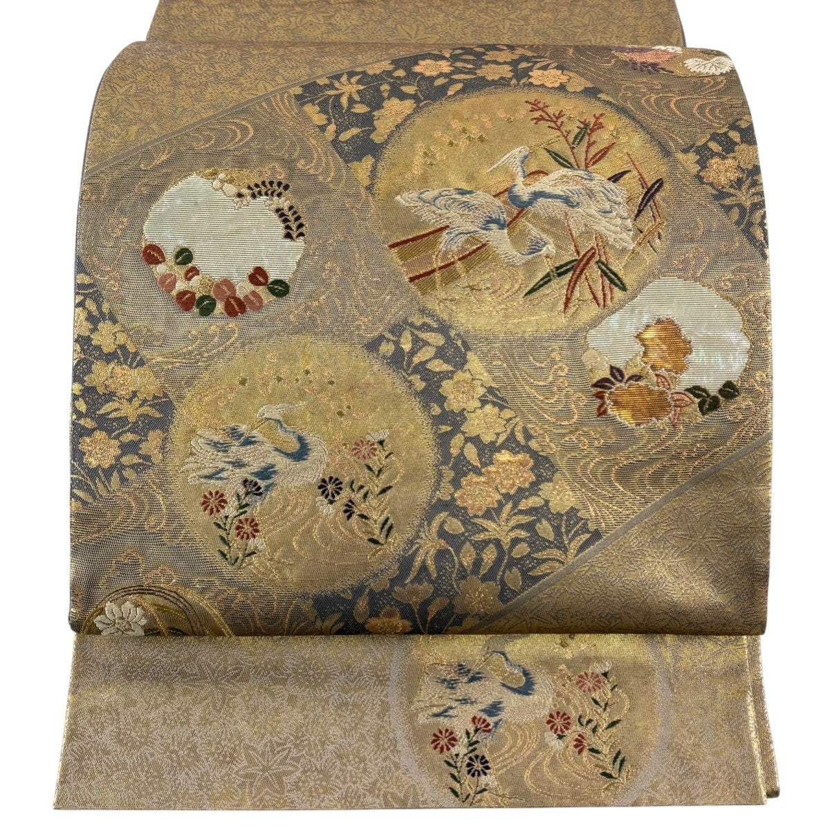 美品】 袋帯 秀品 梅松 鳥 金彩 螺鈿螺 金茶 お太鼓柄 正絹｜中古