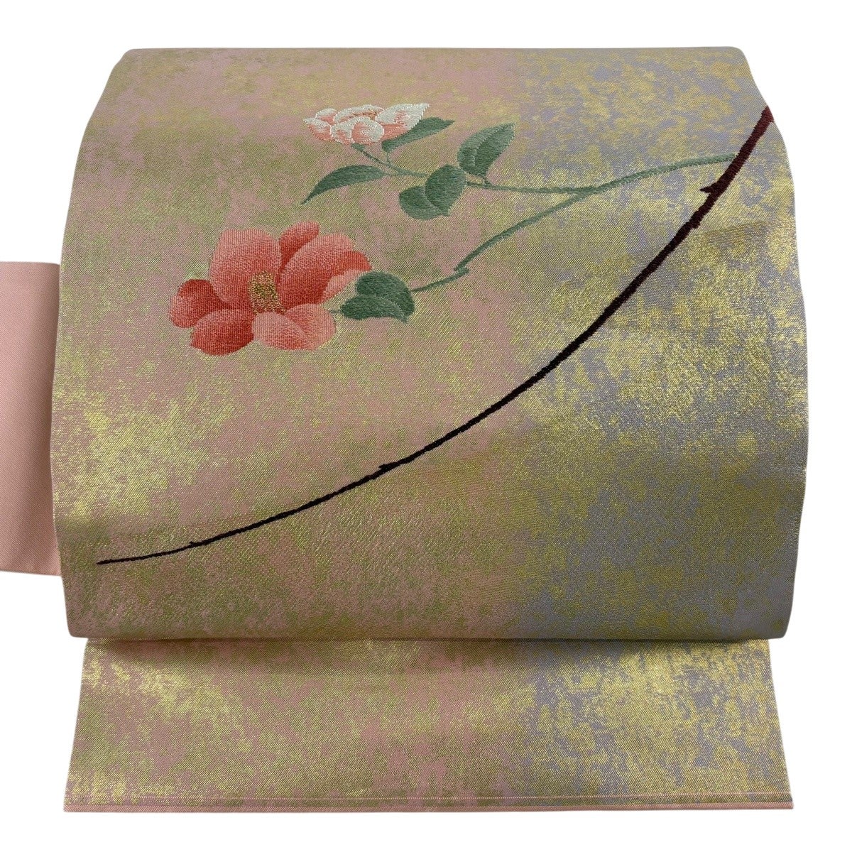 美品】 名古屋帯 優品 関西仕立て 椿 箔 金糸 ピンク 正絹｜中古・古着