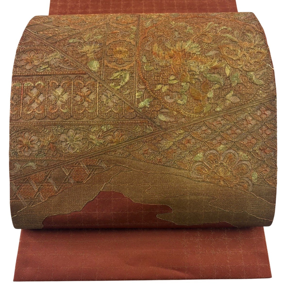 袋帯 秀品 鳳凰 花唐草 刺繍 金彩 赤茶 お太鼓柄 正絹｜中古・古着