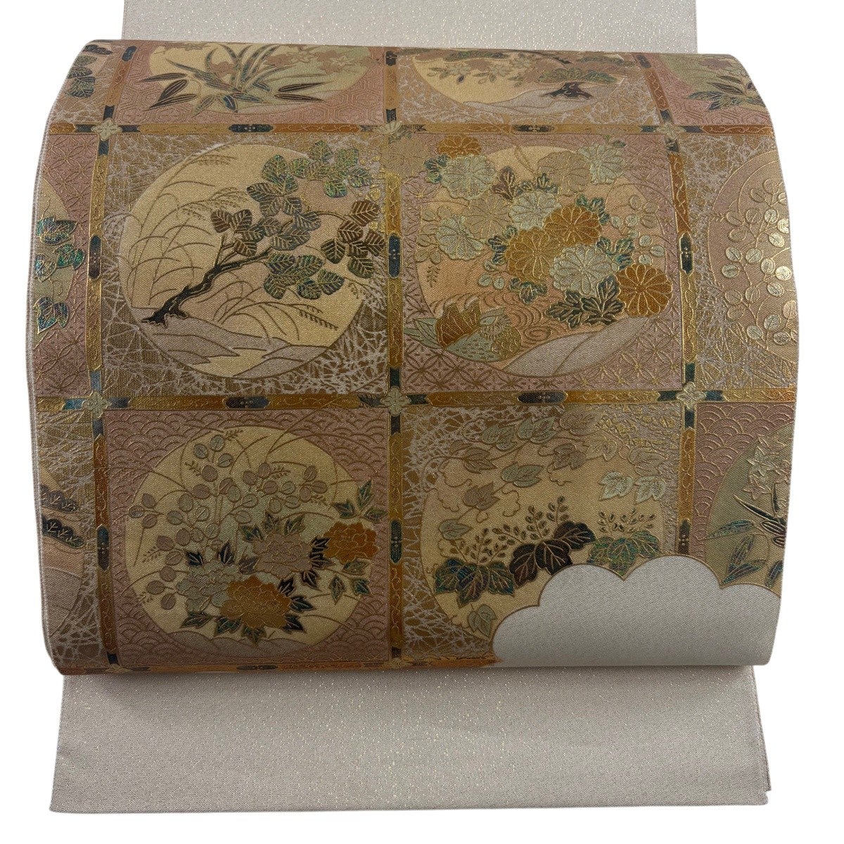 袋帯 秀品 格天井 秋草 金銀彩 箔 ベージュ お太鼓柄 正絹｜中古・古着