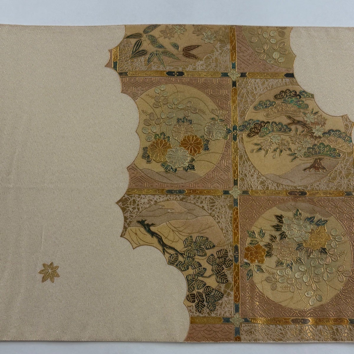 袋帯 秀品 格天井 秋草 金銀彩 箔 ベージュ お太鼓柄 正絹｜中古・古着