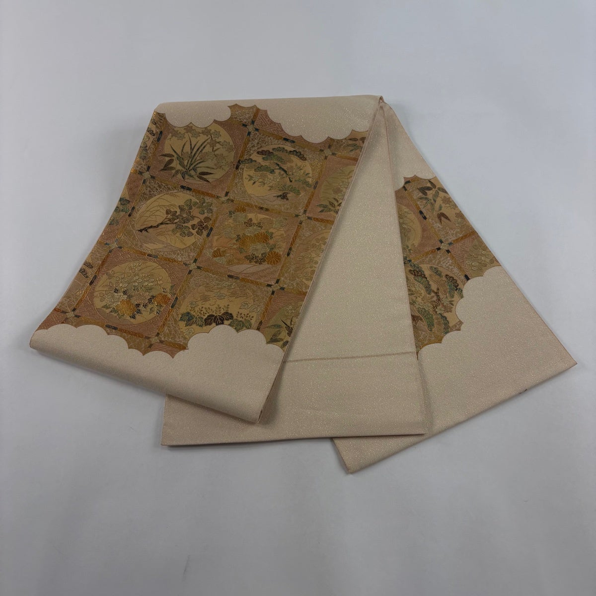袋帯 秀品 格天井 秋草 金銀彩 箔 ベージュ お太鼓柄 正絹｜中古・古着