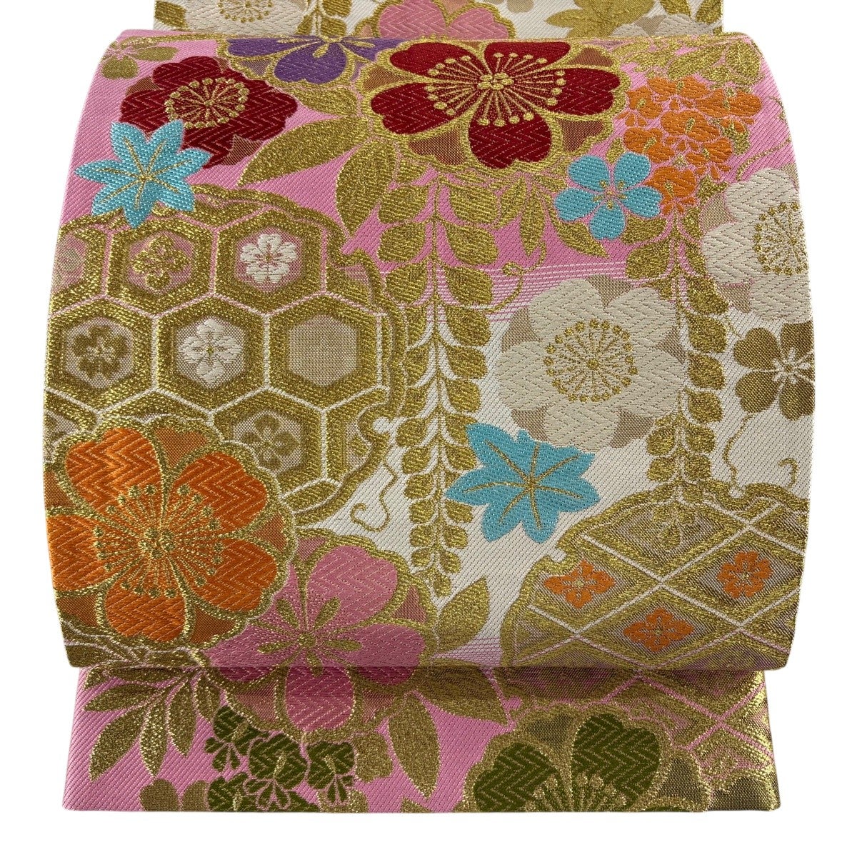 30%OFF 袋帯 名品 やまと 桜 花びら 金糸 箔 ピンク 六通 正絹 K30