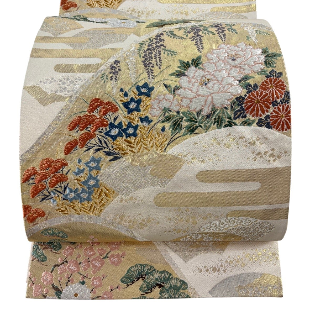 袋帯 名品 夏帯 絽 鹿 枝花 金銀糸 箔 茶紫 六通 正絹｜中古・古着