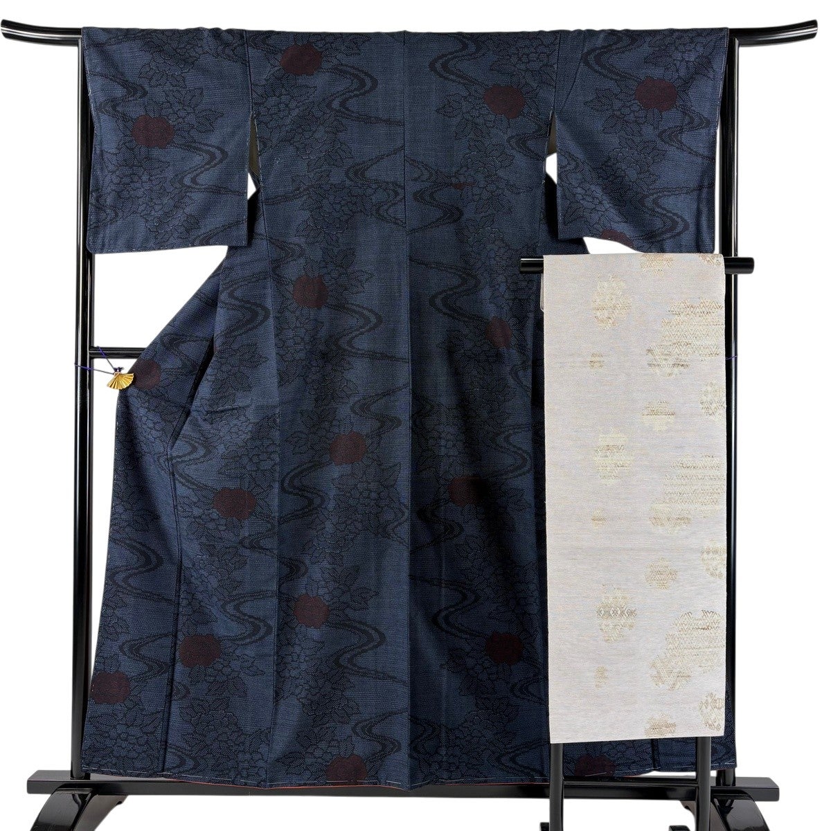 美品】 紬 身丈164cm 裄丈64cm M 袷 名古屋帯セット 麻の葉 縦縞 紺色