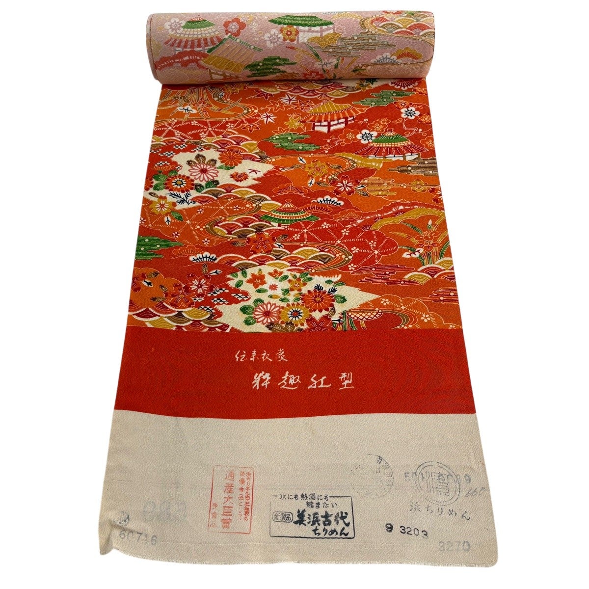 名古屋帯 秀品 葉と実 金彩 縮緬 薄オレンジ 正絹｜中古・古着
