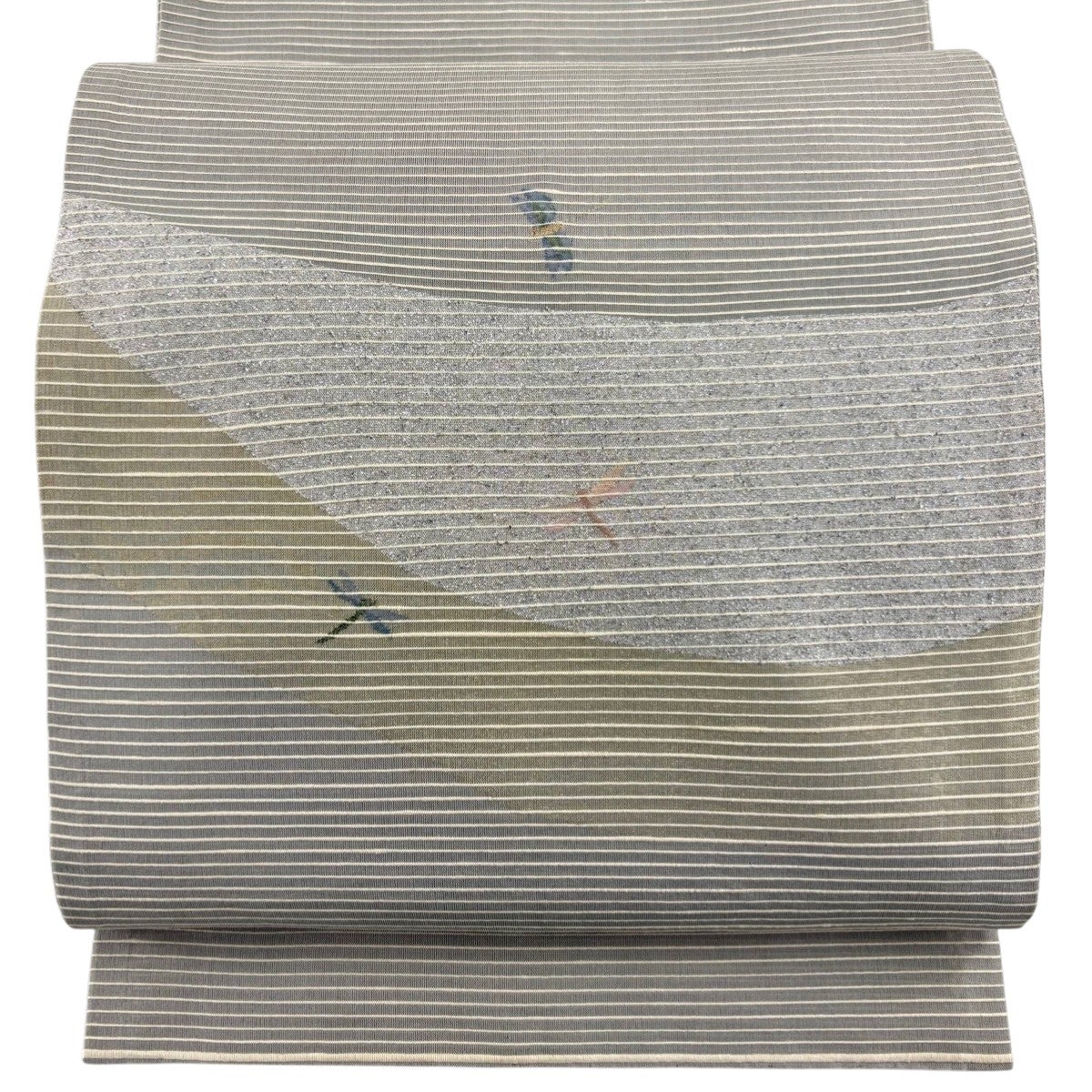 袋帯 秀品 夏帯 蛍 トンボ 銀彩 青灰色 お太鼓柄 正絹｜中古・古着