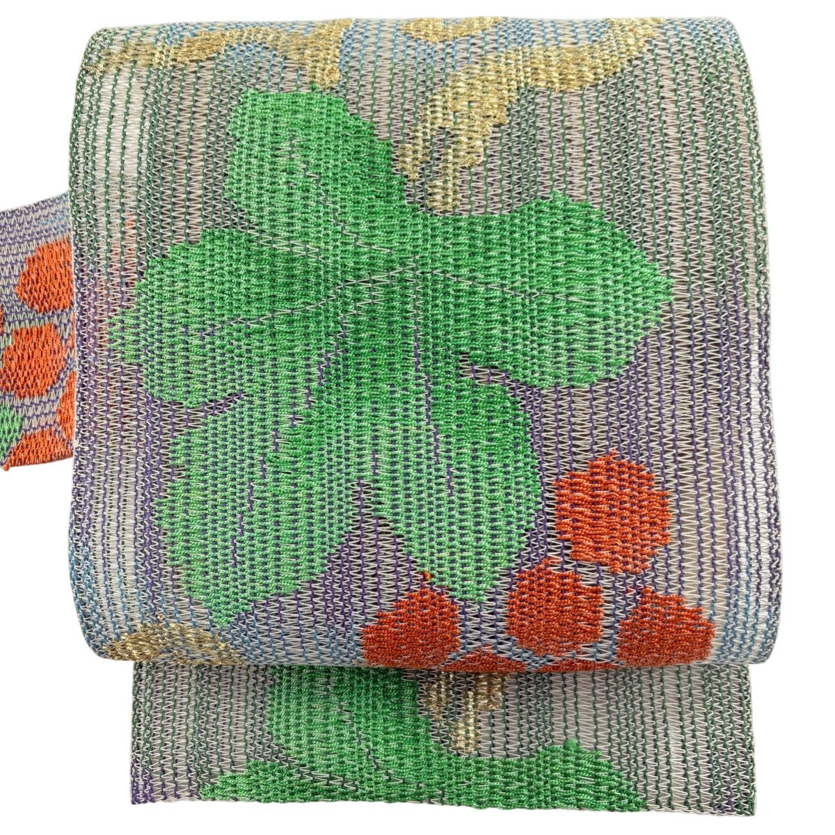 名古屋帯 緑色 紅葉柄 松葉仕立て 麻 夏帯 カジュアル 美品 美品】 名古屋帯 秀品 夏帯 羅 八寸名古屋帯 松葉仕立て トンネル
