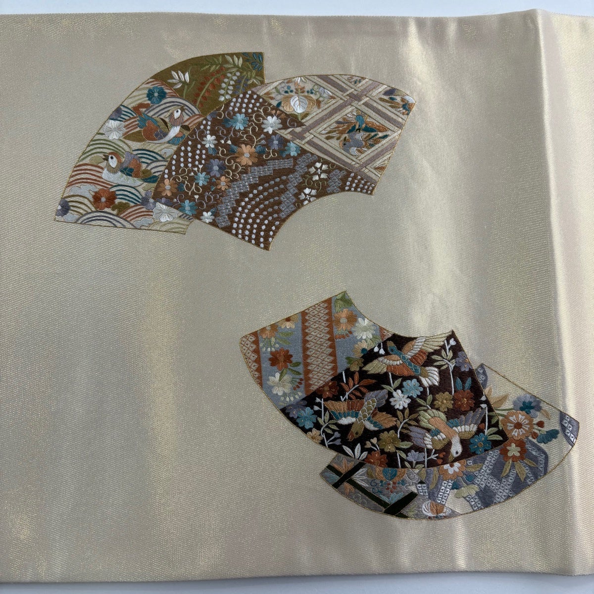 在庫一掃】 【美品】 袋帯 逸品 蒋雪英 落款あり 雪英導 花鳥 扇面