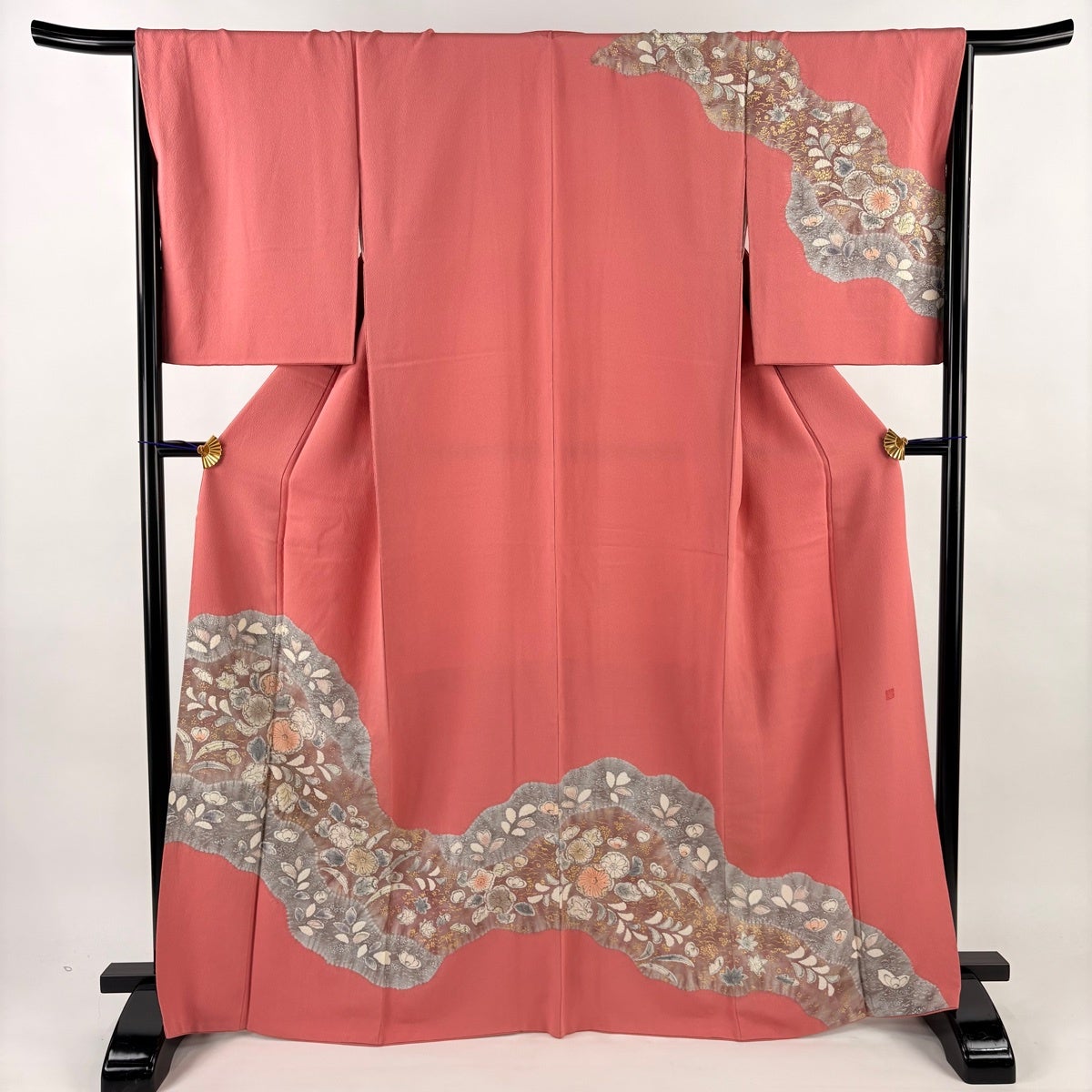訪問着 袷 草花 落款 M 正絹 金彩 名品 L 裄丈64cm 菊 染め分け 青緑