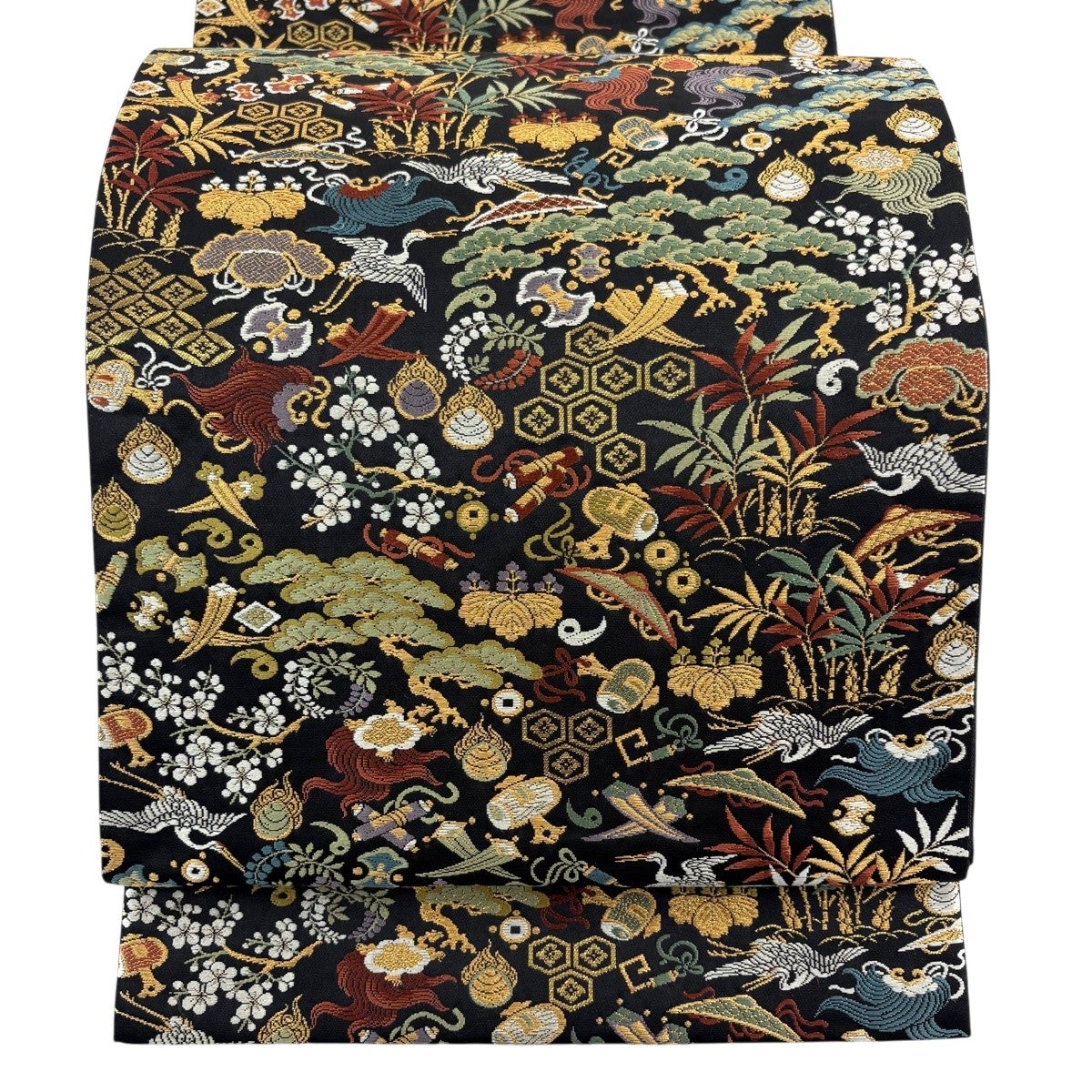 美品】 袋帯 名品 吉祥文様 金糸 箔 黒 六通 正絹｜中古・古着