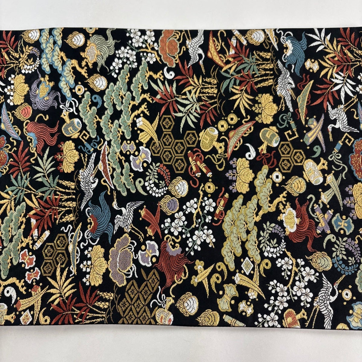 美品】 袋帯 名品 吉祥文様 金糸 箔 黒 六通 正絹｜中古・古着