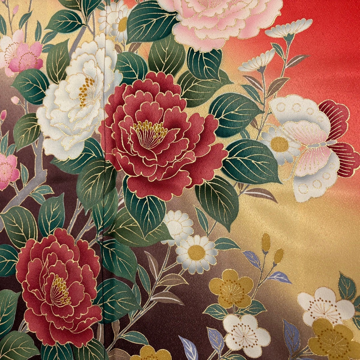 競ナビ】 振袖 秀品 草花 牡丹 金糸 金彩 赤 袷 164cm 63cm S 正絹 
