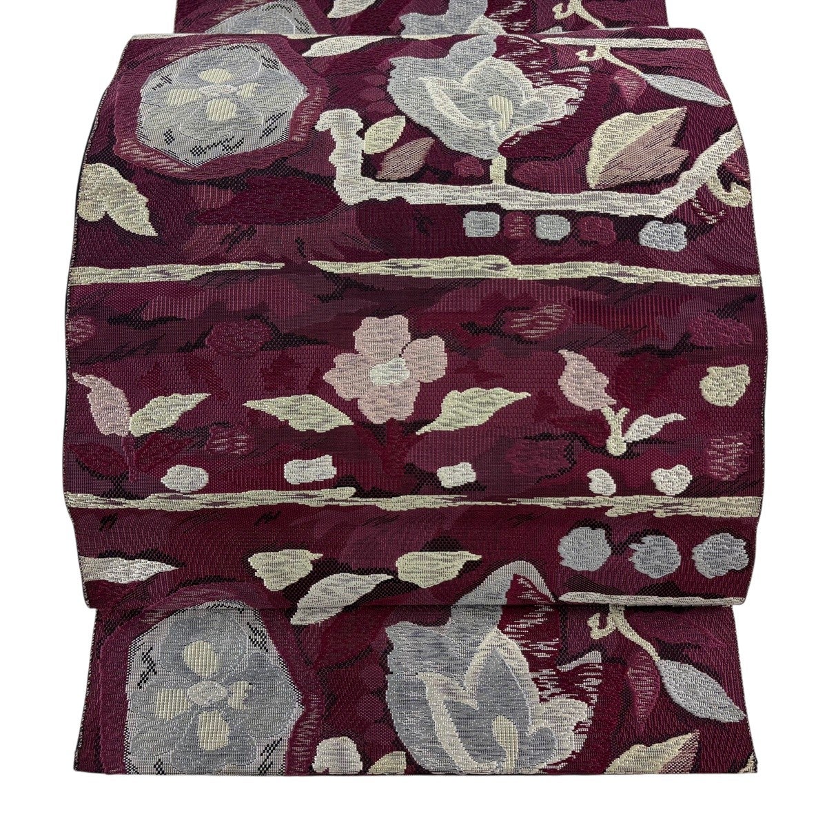 美品】 名古屋帯 優品 八寸名古屋帯 草花 紫 正絹｜中古・古着