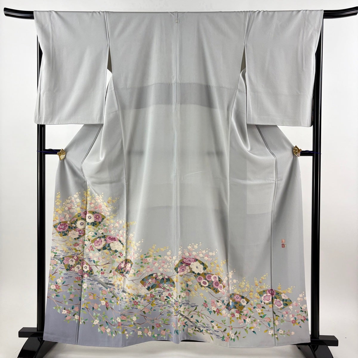 70%OFF 色留袖 身丈161.5cm 裄丈67.5cm L 袷 落款あり 扇面 枝梅