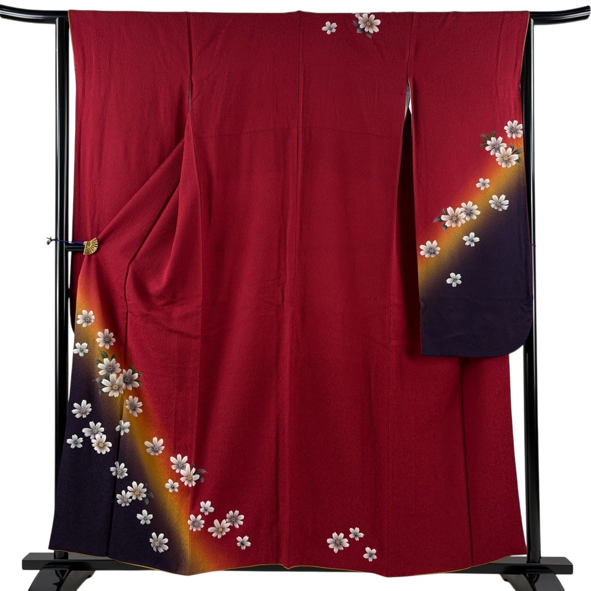 振袖 身丈155cm 裄丈63.5cm S 袷 蝶 草花 金彩 染め分け 深緑 正絹 美