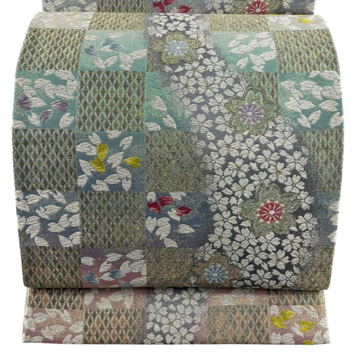 美品】 袋帯 秀品 桜 市松 金糸 箔 金色 六通 正絹｜中古・古着