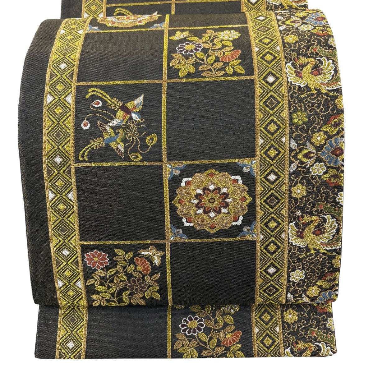 美品】 袋帯 秀品 華文 花鳥 箔 金銀糸 焦茶色 六通 正絹｜中古・古着