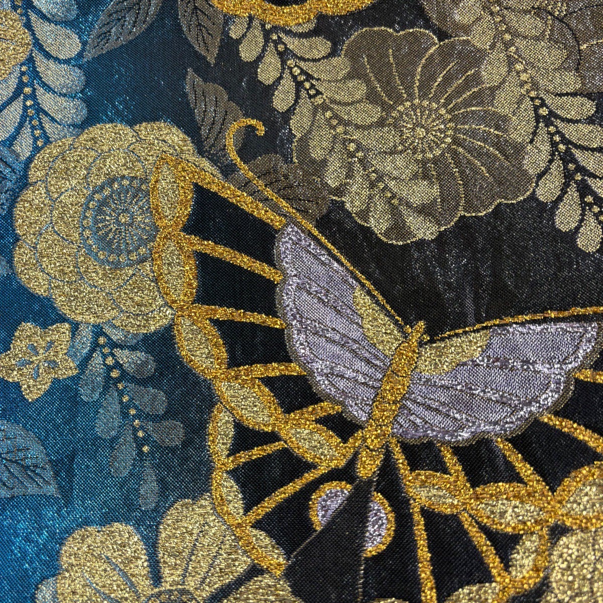 袋帯 秀品 蝶 草花 金糸 箔 青 六通 正絹｜中古・古着・リサイクル着物