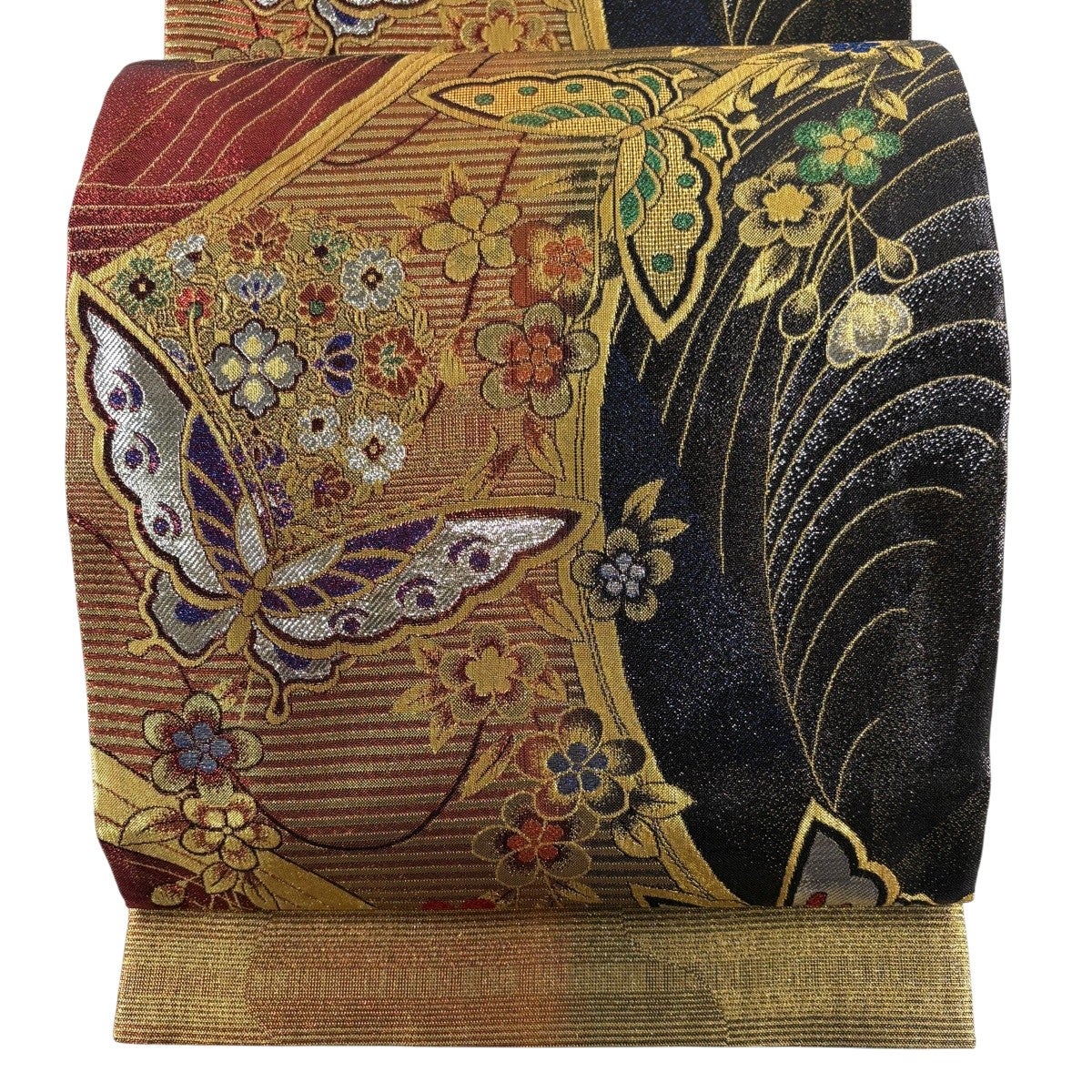 美品】 袋帯 秀品 振袖向き 蝶 華文 金糸 箔 赤 六通 正絹｜中古・古着