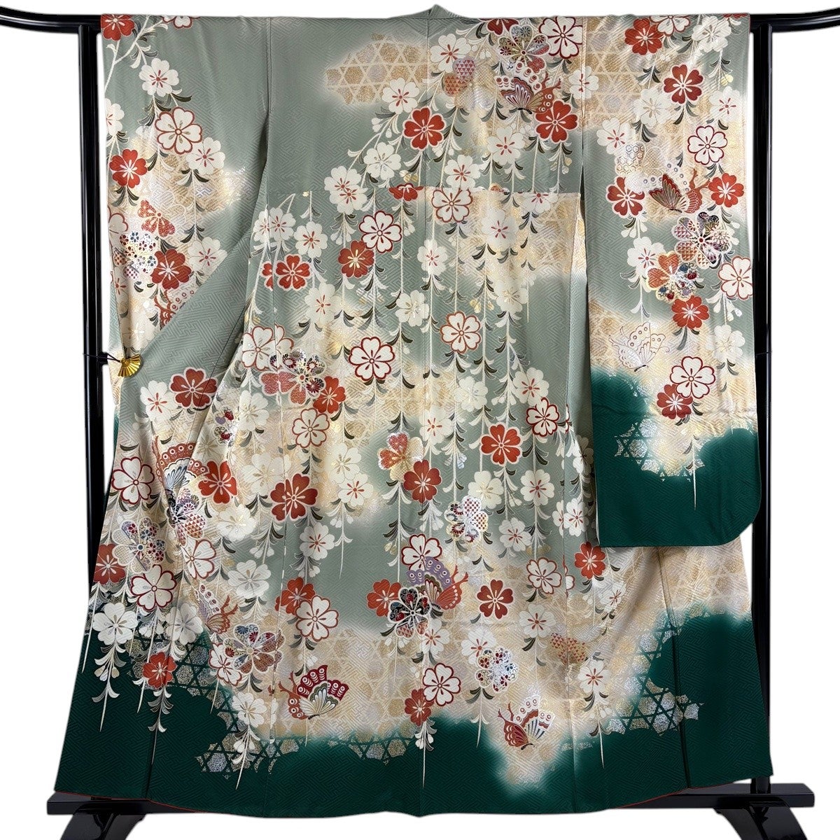 振袖 身丈159cm 裄丈62.5cm S 袷 枝垂れ桜 蝶 金銀彩 染め分け 灰緑