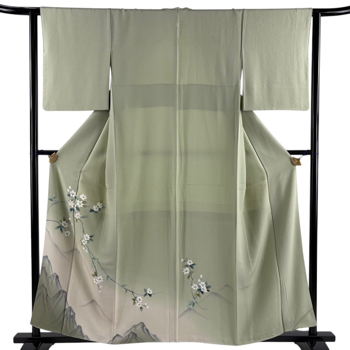 付下げ 身丈157cm 裄丈62.5cm S 袷 桜 山並み ぼかし 灰緑 正絹 秀品