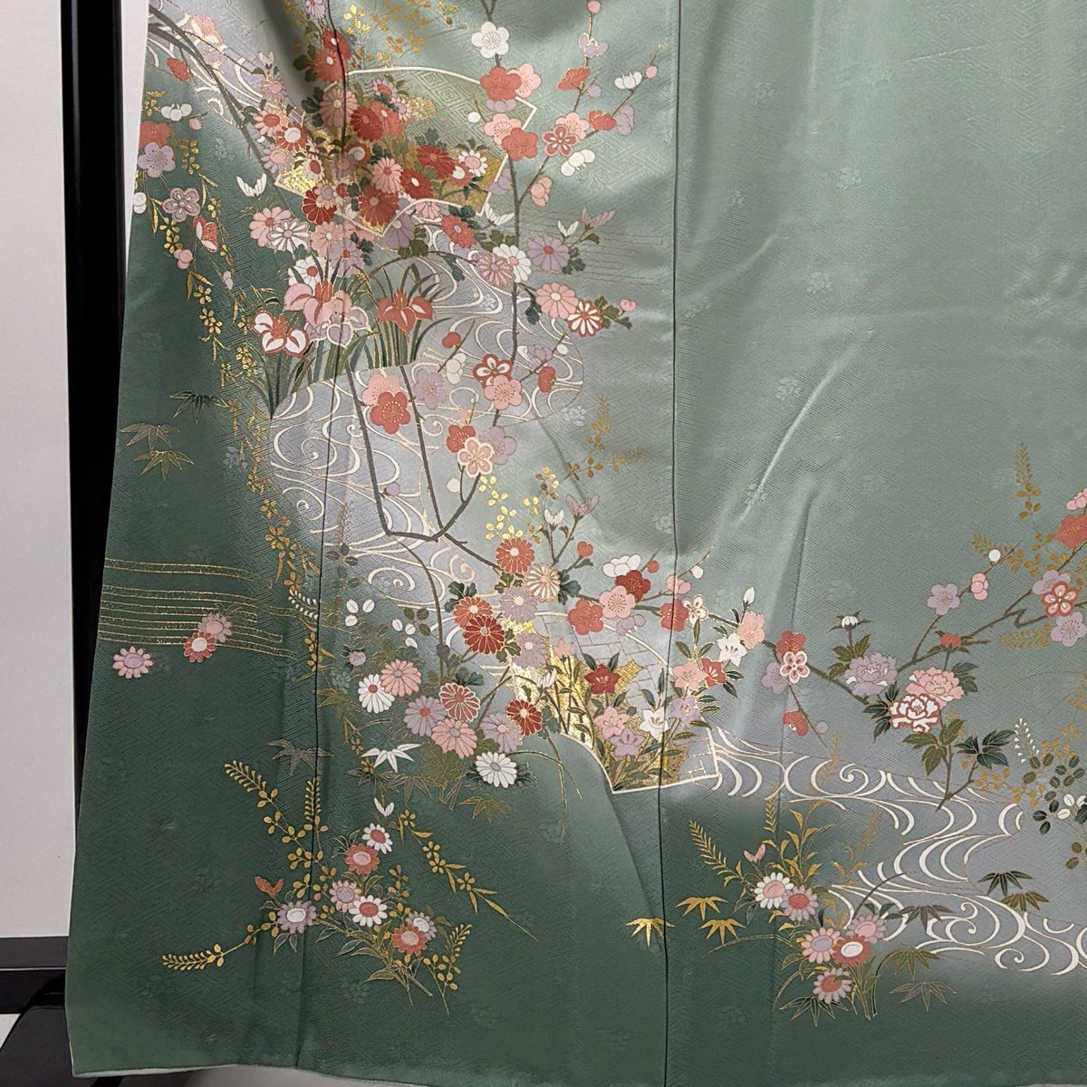 訪問着 身丈166cm 裄丈66.5cm M 袷 扇面 菊 金彩 ぼかし 薄緑 正絹 秀