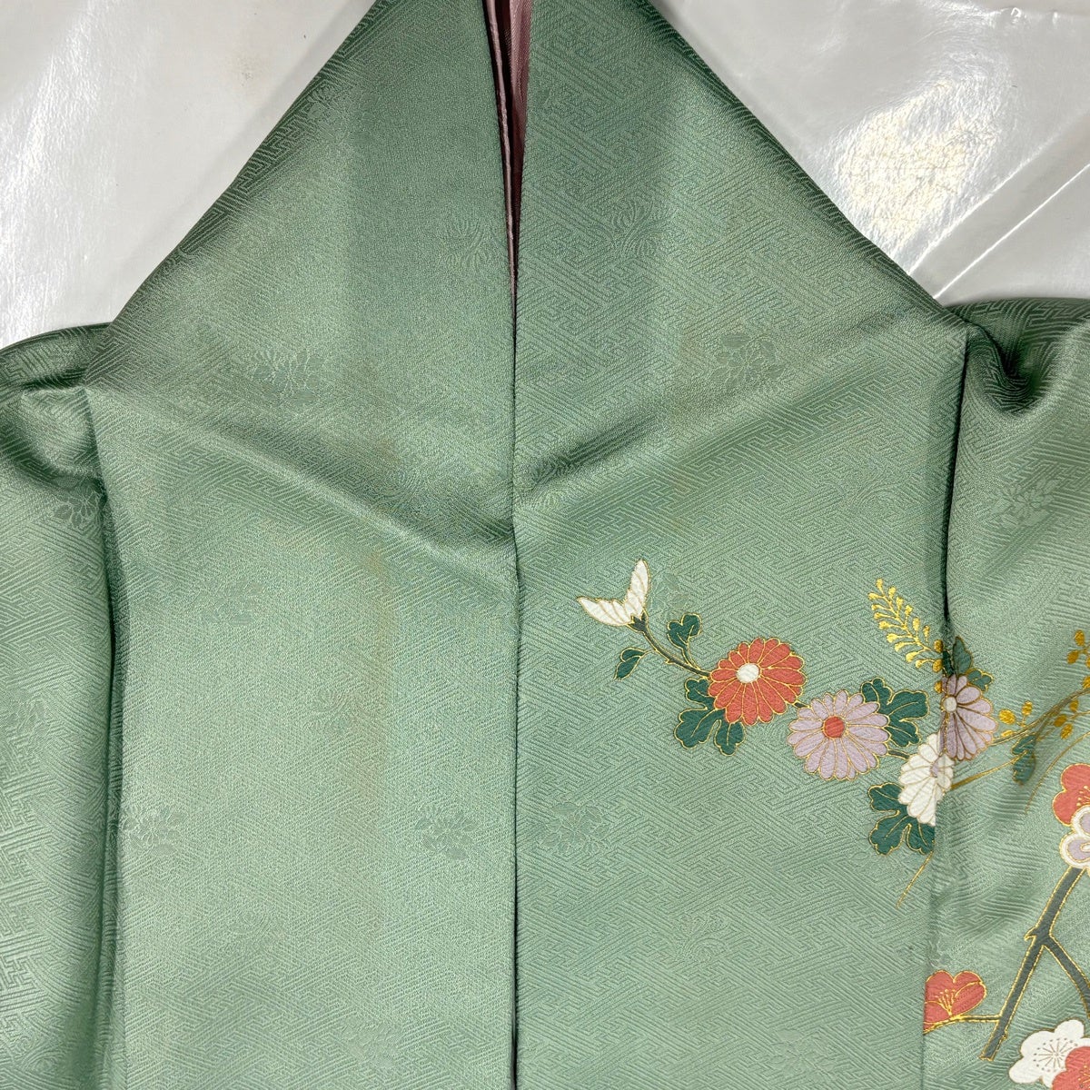 訪問着 身丈166cm 裄丈66.5cm M 袷 扇面 菊 金彩 ぼかし 薄緑 正絹 秀