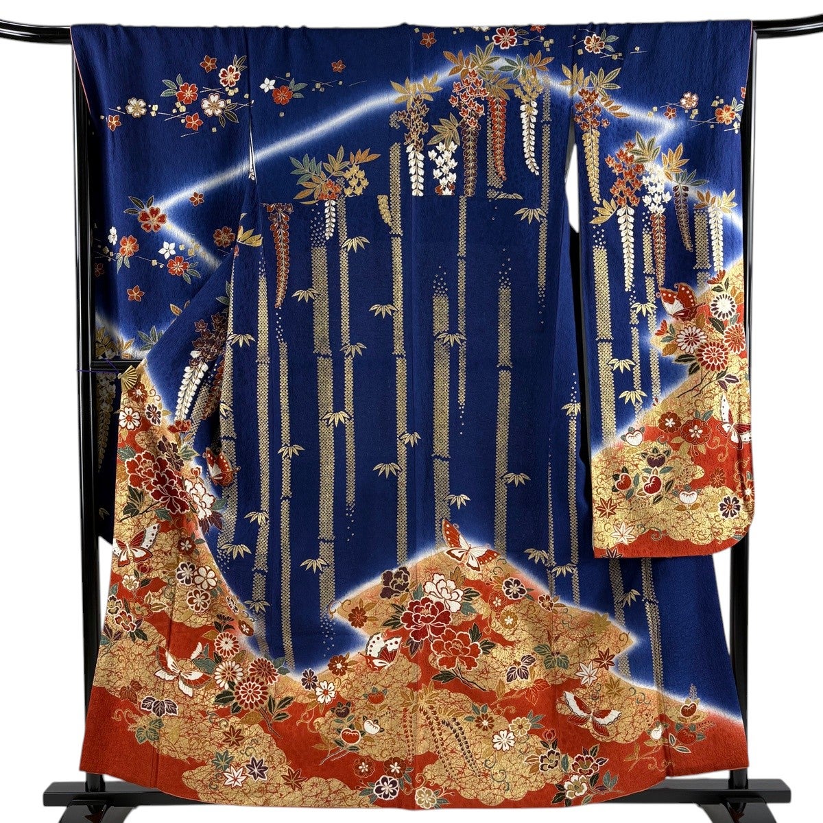 振袖 身丈158cm 裄丈67cm M 袷 蝶 草花 金彩 染め分け 紺色 正絹 秀品