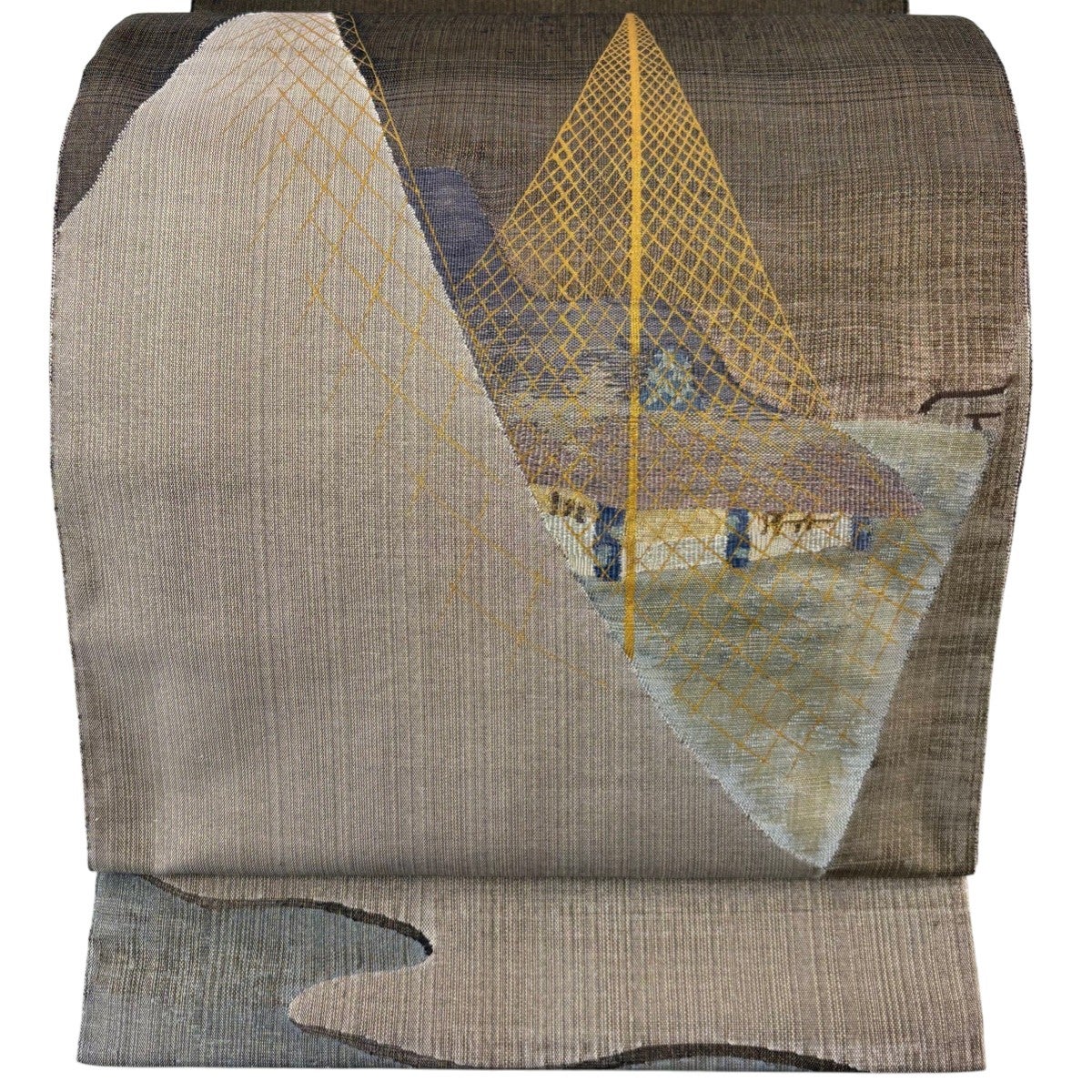美品】 袋帯 秀品 網干 家屋 金糸 金彩 灰茶 お太鼓柄 正絹｜中古