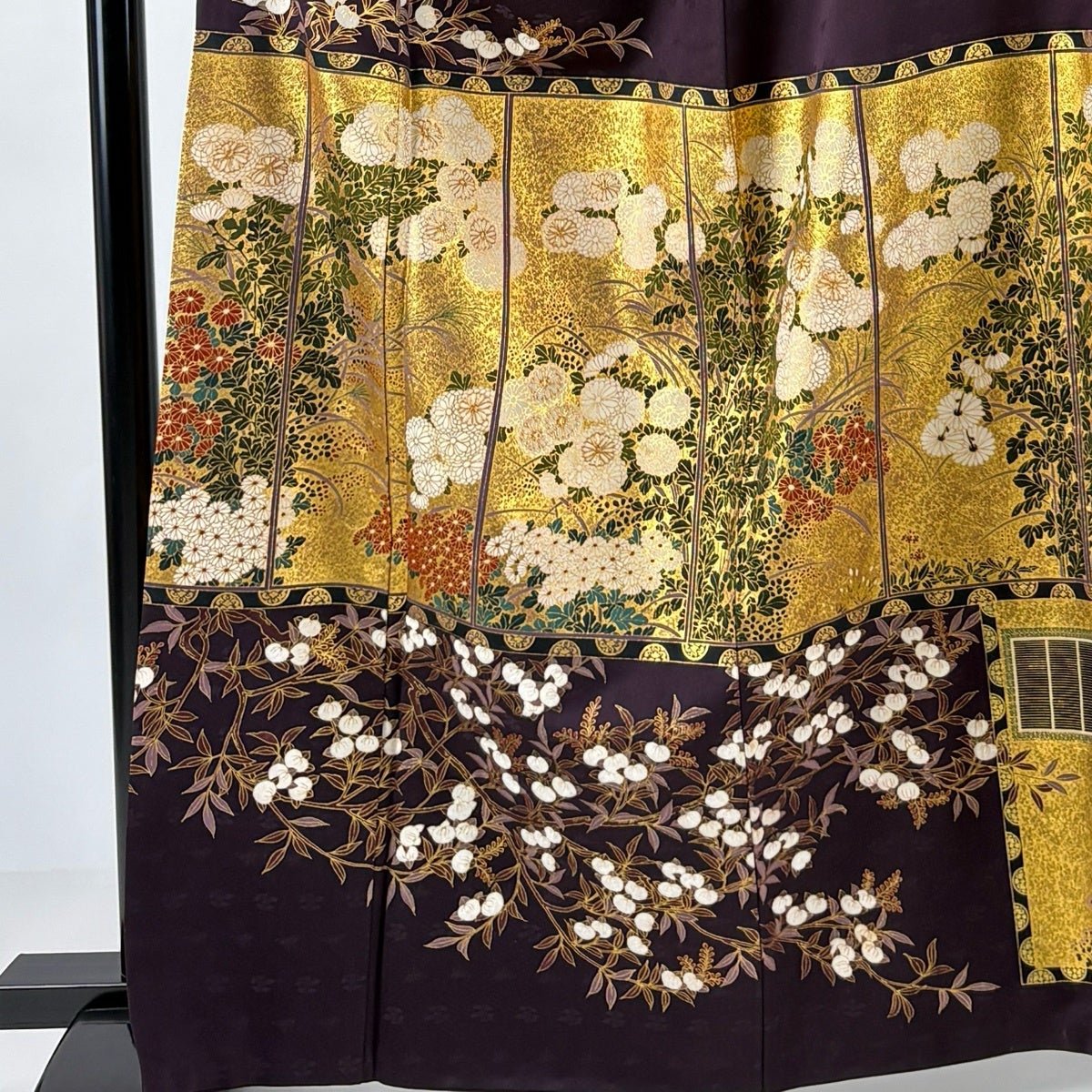 色留袖 身丈164cm 裄丈66.5cm M 袷 松尾光琳 落款あり 菊 濃紫 正絹 秀